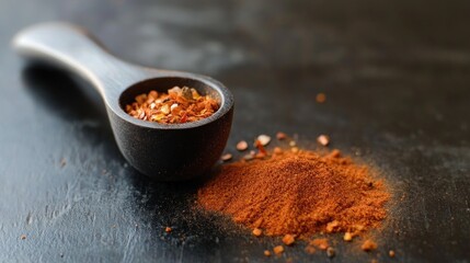 Wall Mural - Red Pepper Flakes and Powder in a Wooden Spoon