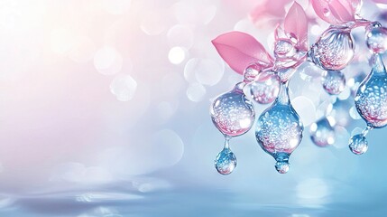 Sticker -   A pink flower with droplets of water hanging, surrounded by a blue and white backdrop, adorned with a pink ribbon