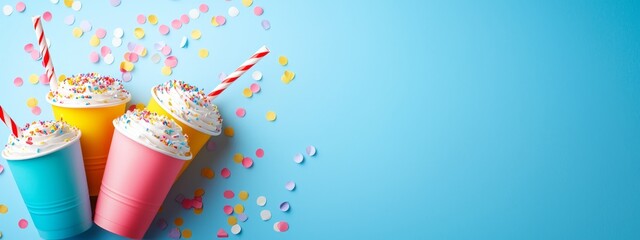 Poster -  Three ice cream sundaes, each topped with sprinkles and a straw, against a blue backdrop filled with confetti