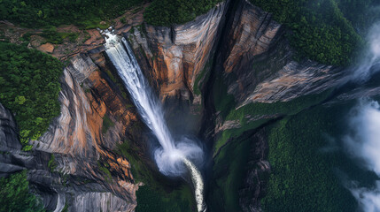 angel falls, aerial view showing the entire formation of towering cliffs and waterfalls, ai generate