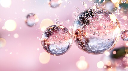 Wall Mural -  Bubbles float on pink-blue background, stacked atop each other