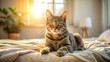 © somsak - A cute tabby cat lounging on a cozy bed in a sunlit bedroom, Cat, bedroom, cozy, tabby, feline, pet, sleeping, relaxing