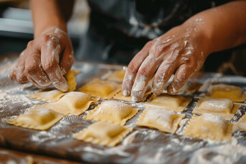 Cooking healthy Italian cuisine food gourmet preparation meal. Woman human chef making homemade ravioli or tortellini from fresh ingredient