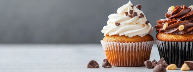 Wall Mural -  A tight shot of two cupcakes, their icing and chocolate chips against a pristine white tabletop, framed by a gray backdrop