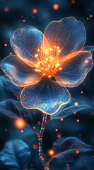 Wall Mural - Glowing blue and orange flower radiating in neon hues on dark background
