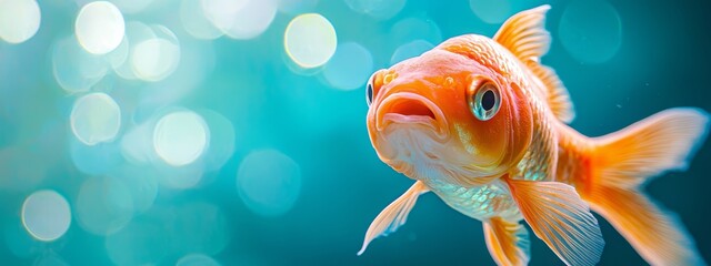  A goldfish staring at the camera with a blurred backdrop of shimmering light