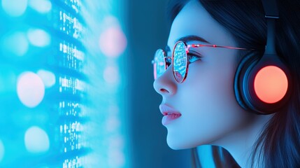 Wall Mural - a young female data analyst meticulously reviewing data in a spreadsheet while wearing headphones an