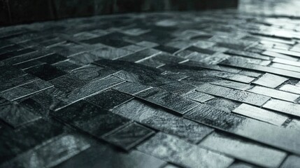   A close-up image of a monochrome photo displaying a black and white tile floor with a cinematic feel