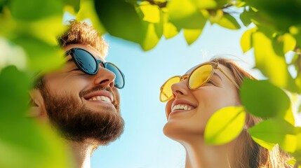 Two friends laughing together while looking at a product display in a retail store.