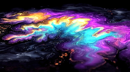 Wall Mural -   A dark canvas splashed with water, featuring a vibrant abstract composition of purple, blue, and yellow hues