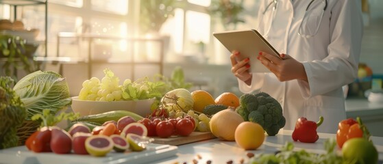 A healthcare professional examines fresh fruits and vegetables on a table, promoting healthy eating in a bright kitchen setting.