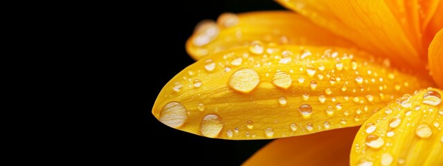 Poster -  A tight shot of a yellow flower, adorned with water beads on its petals against a backdrop of black