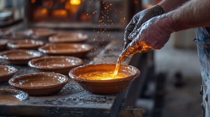 Wall Mural - Artisan Pouring Molten Glass into Clay Dishes