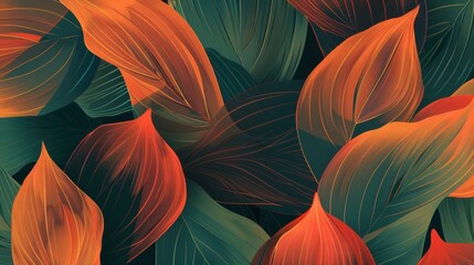 Wall Mural - Stylish and modern illustration consisting of abstract leaves designed in a stylish style. The leaves are drawn in a deep emerald orange color, creating a luxurious feel.