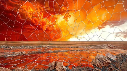 Wall Mural -   A stunning canvas captures a fiery sky and cracks in the earth below, reflecting the vibrant hues above