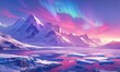 © Da - Enchanting Pink Aurora: Anime-Style Abstract Northern Lights over Icy Landscape at Dawn. Dreamy Travel Concept for Game Art, Storybook Illustrations, and 4K Wallpapers. Serene Nature Scene Perfect for