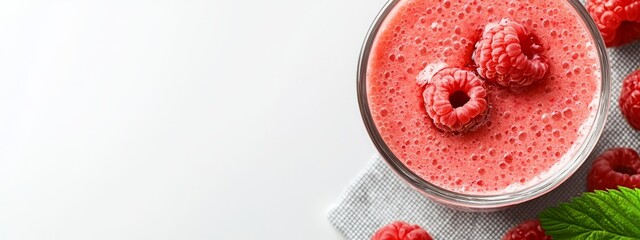 Wall Mural -  A glass of raspberry smoothie, garnished with fresh raspberries and mint on the rim