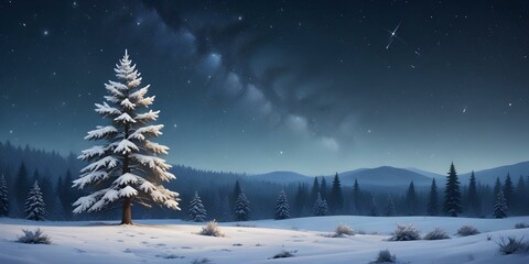 A snowy winter landscape with a pine tree covered in snow, and a forest in the background.