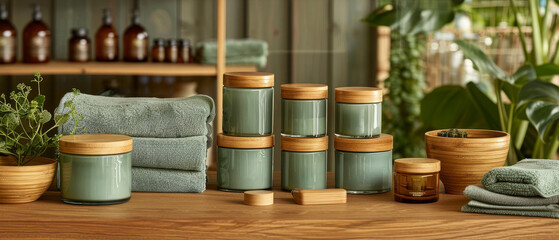 The setting showcases eco-friendly skincare products in glass and bamboo containers arranged neatly on a wooden table, accompanied by soft cloth towels and natural accents