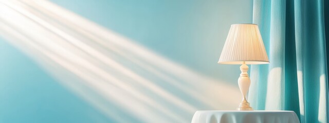  A lamp atop a table, by a window with a blue curtain