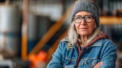 Wall Mural - a woman wearing a hat and glasses standing in a warehouse with her arms crossed and looking at the camera..