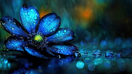 Sticker -   Blue flower with water droplets on petals and water drops at base