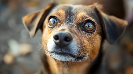 Wall Mural - a dog with a blue eye looking up at the camera with a blurry background