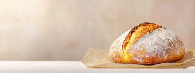 Wall Mural -  A loaf of bread atop parchment paper on a white-cloth-covered table