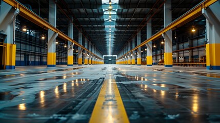 Sticker - a large warehouse with a yellow and blue stripe on the floor