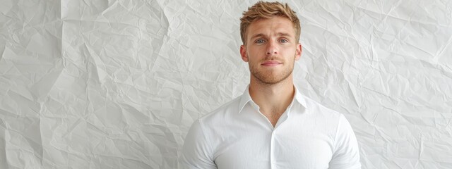 Wall Mural -  A man, clad in a white shirt, stands before a pristine white wall, tilting his head thoughtfully to one side