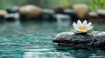 Wall Mural -   White flower on rock amidst water with rocky backdrop