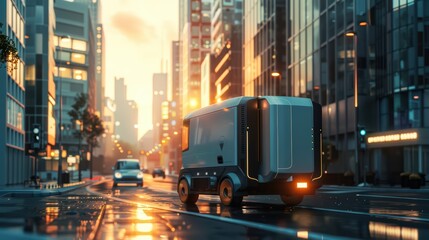 Wall Mural - Futuristic delivery vehicle driving through a modern city at sunset, showcasing innovation and urban life.