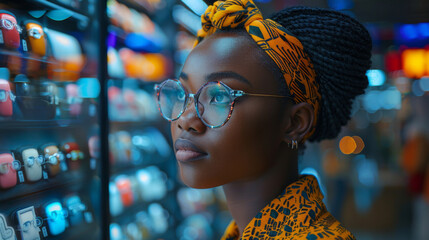 Poster - A woman wearing glasses and a scarf looking at a display of glasses