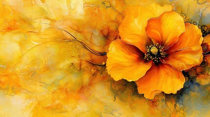 Wall Mural -   A yellow flower against a yellow backdrop, with a black core at its heart