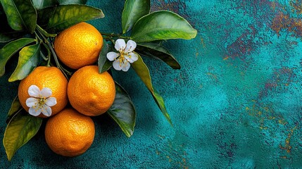 Wall Mural -   Oranges stacked on a blue surface with leaves and flowers