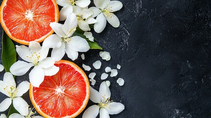 Poster -   A pair of grapefruit segments resting atop a table alongside white blossoms on a black backdrop