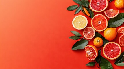 Wall Mural -   A cluster of grapefruits, oranges, and lemons on an orange backdrop with foliage