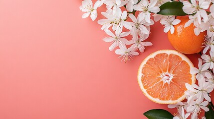 Wall Mural -  Pink background with grapefruit halves and flower Space for text