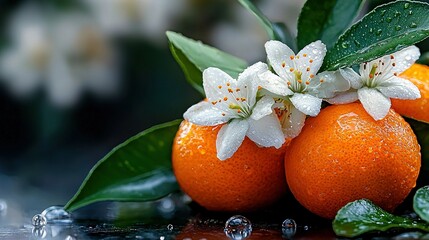 Wall Mural -   A close-up of three oranges with white flowers on top and water droplets at the base