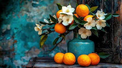 Wall Mural -  Wooden table with orange-filled vase and flower arrangement, in front of floral painting