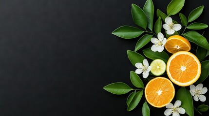 Wall Mural -   Oranges on table with white flowers and green foliage