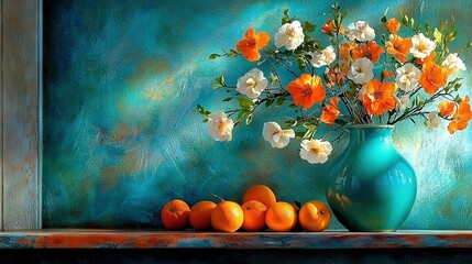 Wall Mural -   Orange flowers in a blue vase on a window sill against a blue background