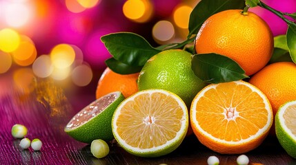 Wall Mural -   A stack of oranges and limes resting atop a wooden table, illuminated by background lights