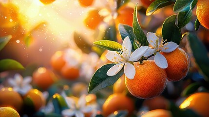 Wall Mural -   Oranges dangling from a tree with white flowers on top of one