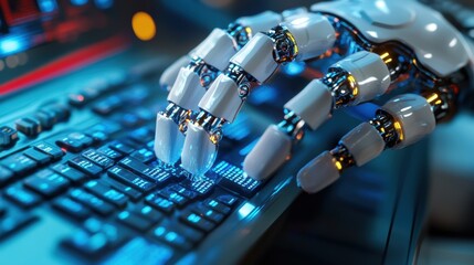 Robotic hand interacting with digital interface on computer keyboard