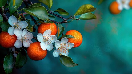 Wall Mural -   A tree branch bearing oranges and flowers against a green leaf backdrop