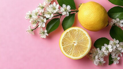 Wall Mural -   A pair of lemons placed on a table beside a cluster of white blossoms on a pink background