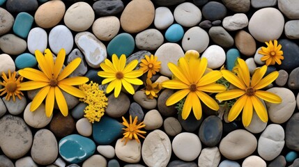 Wall Mural - yellow flowers on a background of stone