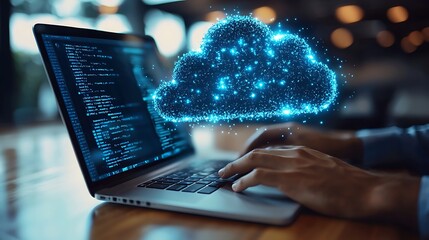 Wall Mural - a dynamic cloud computing scene with data storage, networking, and programming visuals.