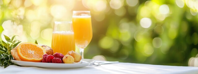 Wall Mural -  A table outside holds a plate with oranges and raspberries, accompanied by a glass of orange juice